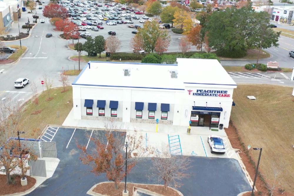 An aerial photo of the Peachtree Immediate Care Valdosta West location near the Valdosta Mall in Valdosta, Georgia